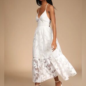 Lulu's White Lace Floral Tie Back Midi Dress Sz Medium